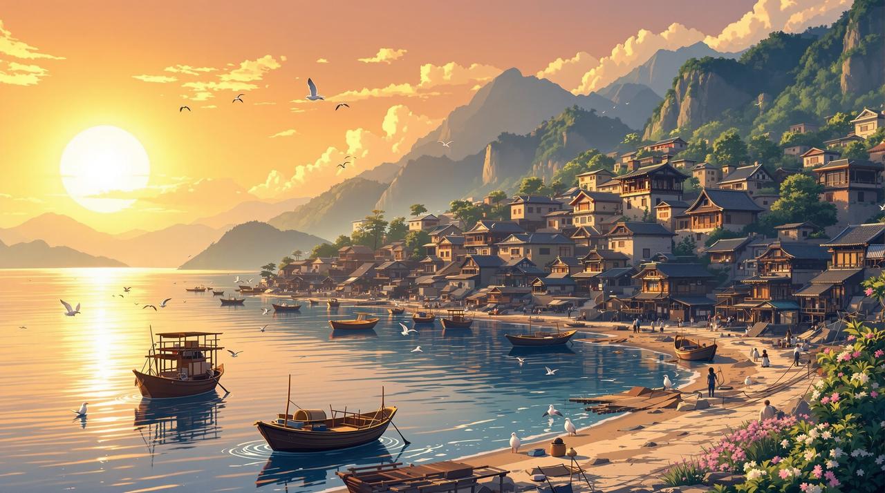 百合短剧 - 海边渔村温暖黄昏全景，金色夕阳下的渔港，停泊的小渔船，传统石屋与远山